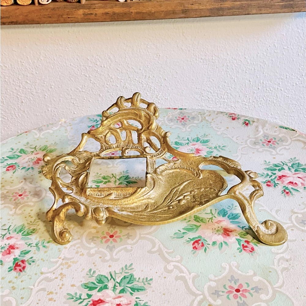 Antique Art Nouveau Cast Brass Ink Well Desk Stand